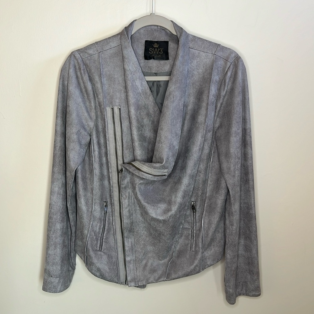 SW3 Bespoke GRAY SUEDE LEATHER-LOOK FAUX MOTO BIKER JACKET Size Large